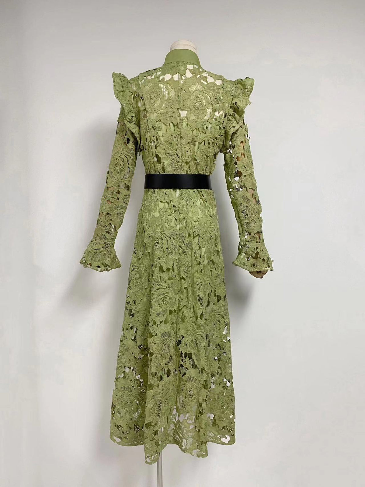 Floral Embroidered Crochet Stand Collar Midi Dresses