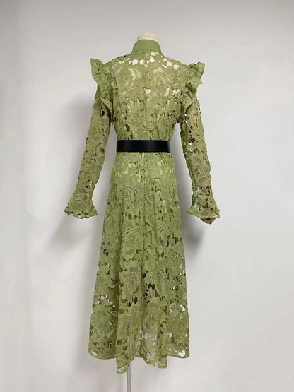 Floral Embroidered Crochet Stand Collar Midi Dresses