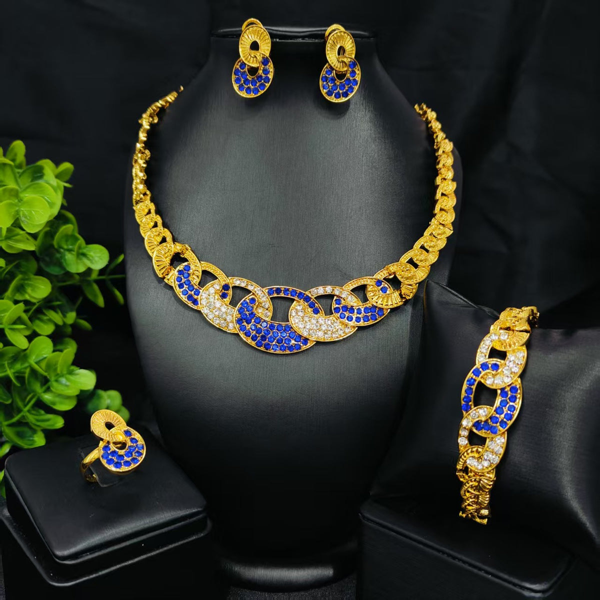 Vintage Jewelry Set 24k Gold Plated Necklace Diamond Bracelet Earrings Set