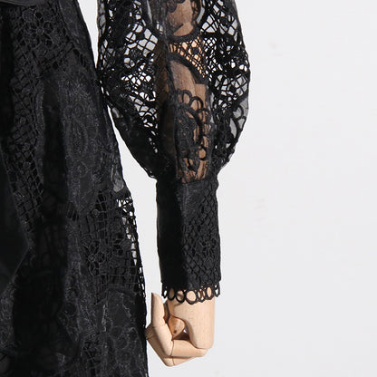 High Collar Lace Bubble Sleeve Ruffled Mini Dresses