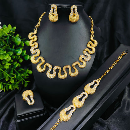 Vintage Jewelry Set 24k Gold Plated Necklace Diamond Bracelet Earrings Set