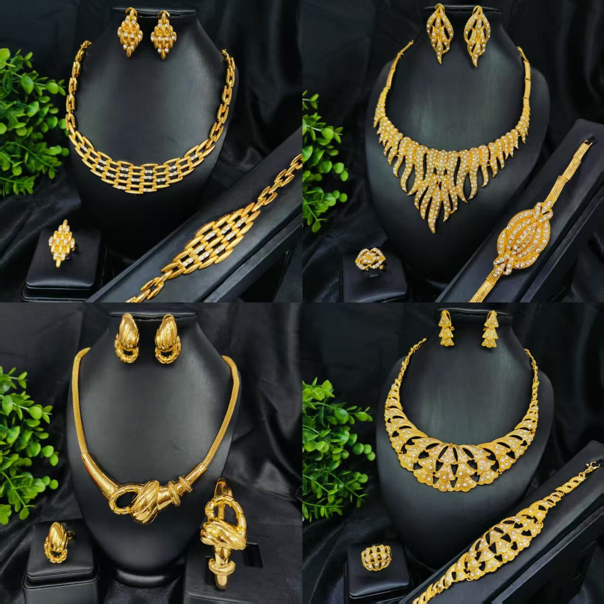Vintage Jewelry Set 24k Gold Plated Necklace Diamond Bracelet Earrings Set