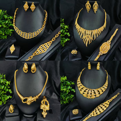 Vintage Jewelry Set 24k Gold Plated Necklace Diamond Bracelet Earrings Set