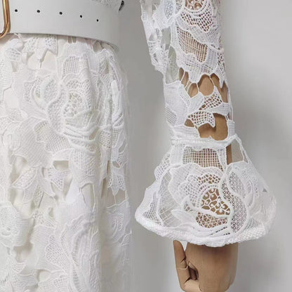 Floral Embroidered Crochet Stand Collar Midi Dresses