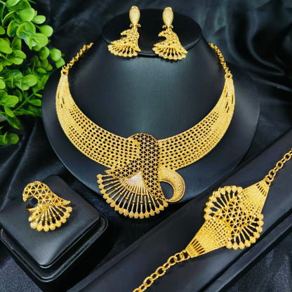 Vintage Jewelry Set 24k Gold Plated Necklace Diamond Bracelet Earrings Set