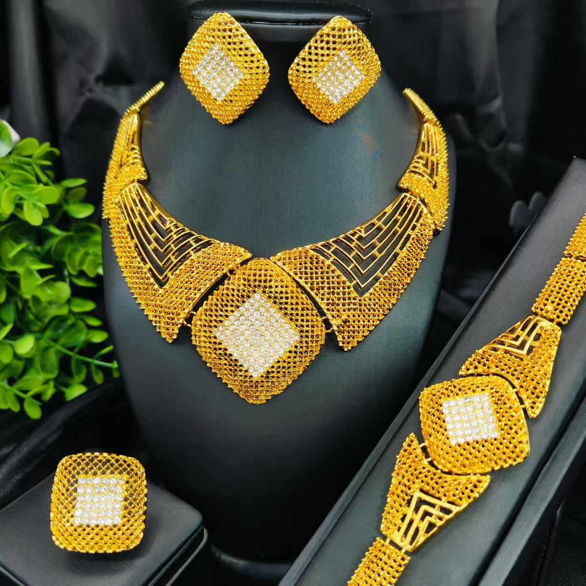 Vintage Jewelry Set 24k Gold Plated Necklace Diamond Bracelet Earrings Set