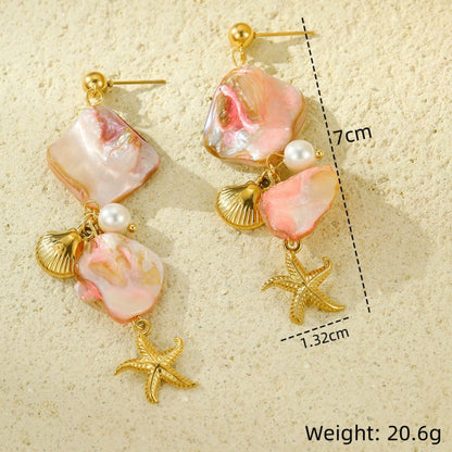 18k Gold Plated Starfish Drop Earrings Pink Shell Gorgeous Jewelry