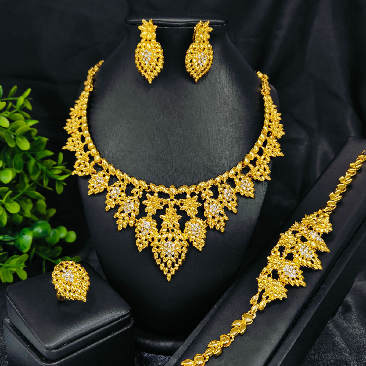 Vintage Jewelry Set 24k Gold Plated Necklace Diamond Bracelet Earrings Set