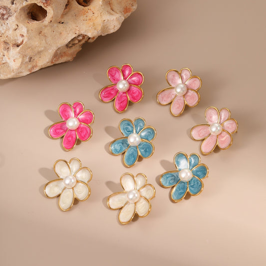 18k Gold Plated Flowers Pearl Earrings Gorgeous Titanum Steel Jewelry