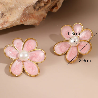 18k Gold Plated Flowers Pearl Earrings Gorgeous Titanum Steel Jewelry