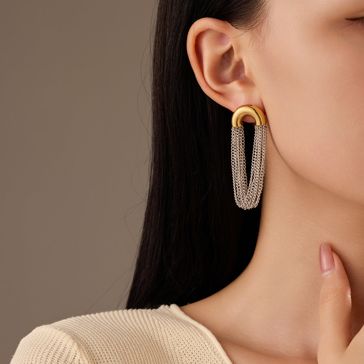 18k Gold Plated C-shaped Titanium Tassel Earrings