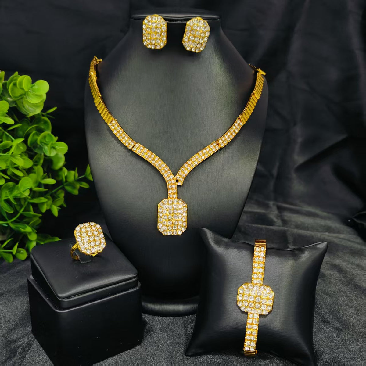 Vintage Jewelry Set 24k Gold Plated Necklace Diamond Bracelet Earrings Set