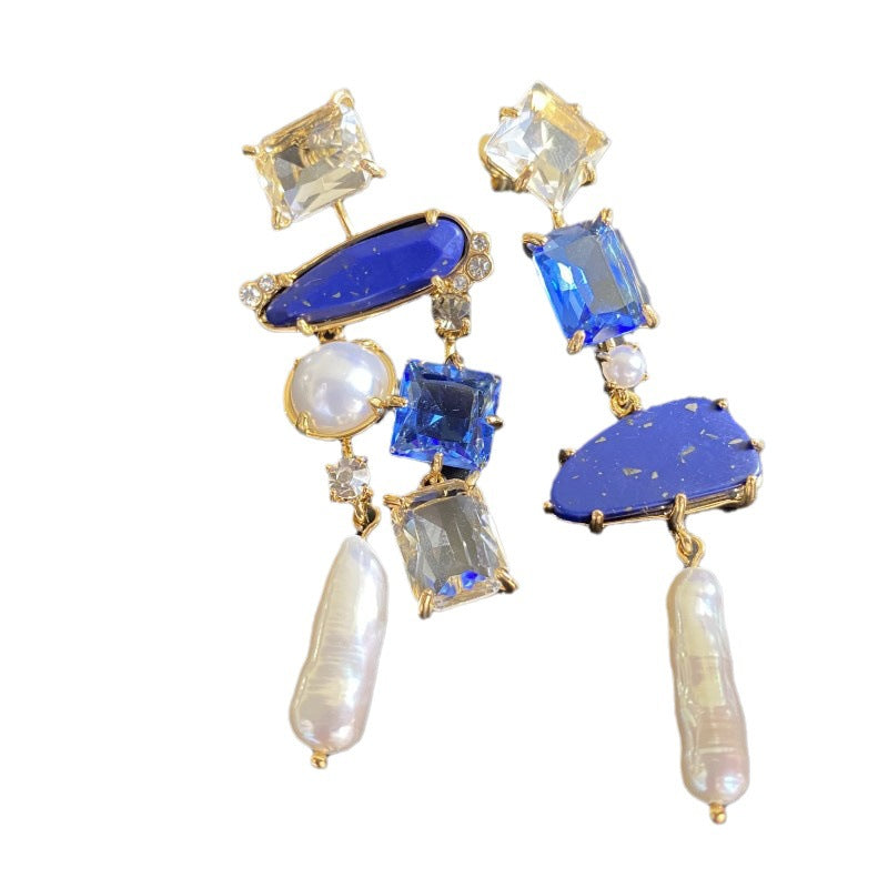 24K Solid Gold Plated Asymmetric Earrings With Lapis Lazuli Baroque Pearls