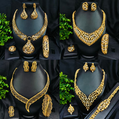 Vintage Jewelry Set 24k Gold Plated Necklace Diamond Bracelet Earrings Set