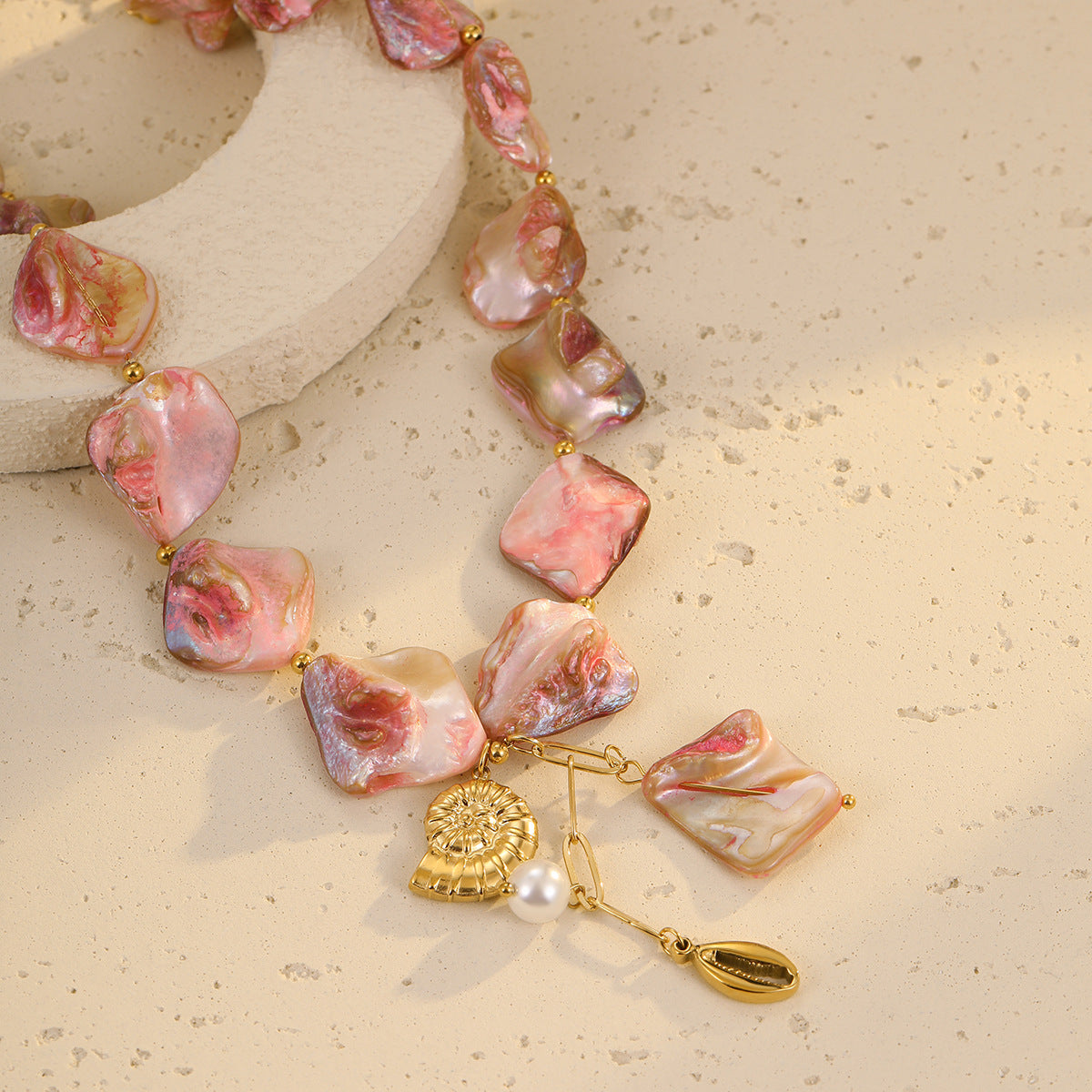 Pink Seashell Beaded Conch Pearl Pendant