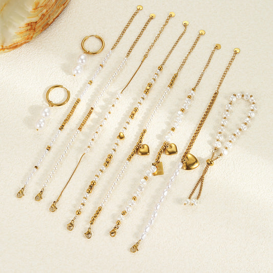 18k Gold Plated Pearls Bracelet Earrings Gorgeous Baroque Jewelry Set