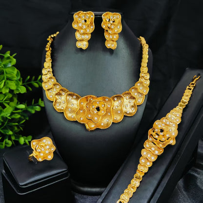 Vintage Jewelry Set 24k Gold Plated Necklace Diamond Bracelet Earrings Set