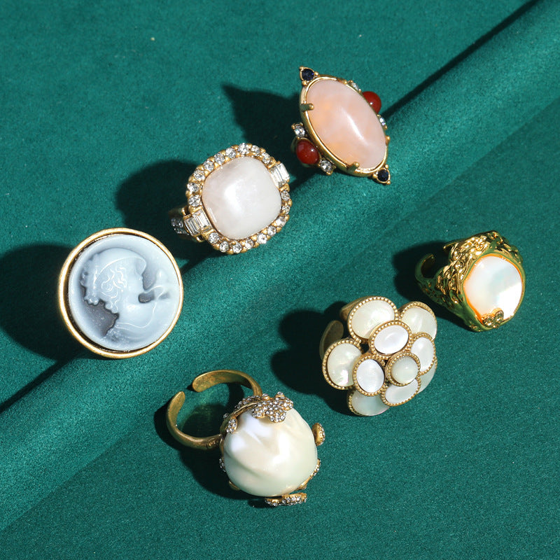 Vintage Copper Mother of Pearl Diamond Rings Queen Cameo
