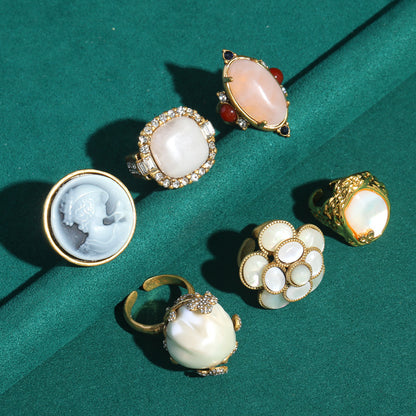 Vintage Copper Mother of Pearl Diamond Rings Queen Cameo