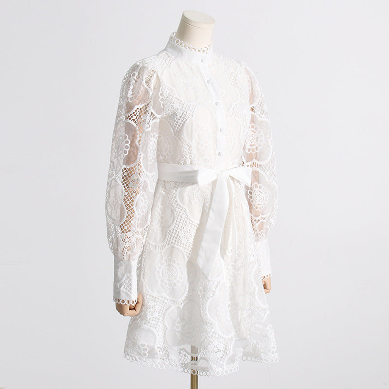 High Collar Lace Bubble Sleeve Ruffled Mini Dresses