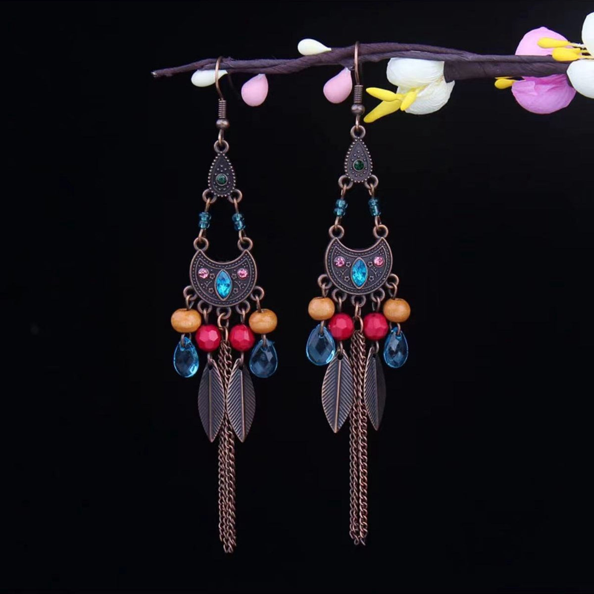 Vintage Jewelry Feather Tassel Earrings Bohemian Chandelier Earrings