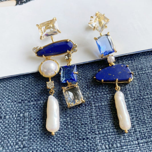24K Solid Gold Plated Asymmetric Earrings With Lapis Lazuli Baroque Pearls