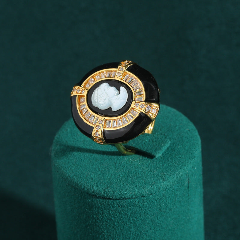 Vintage Copper Mother of Pearl Diamond Rings Queen Cameo