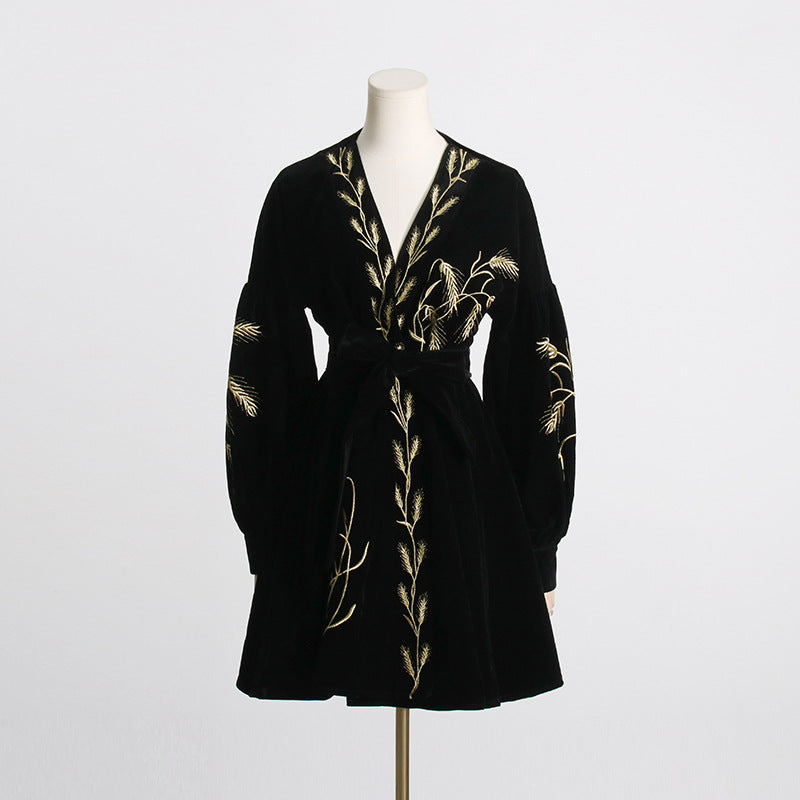 Velvet Wheat Embroidery Mini Dresses