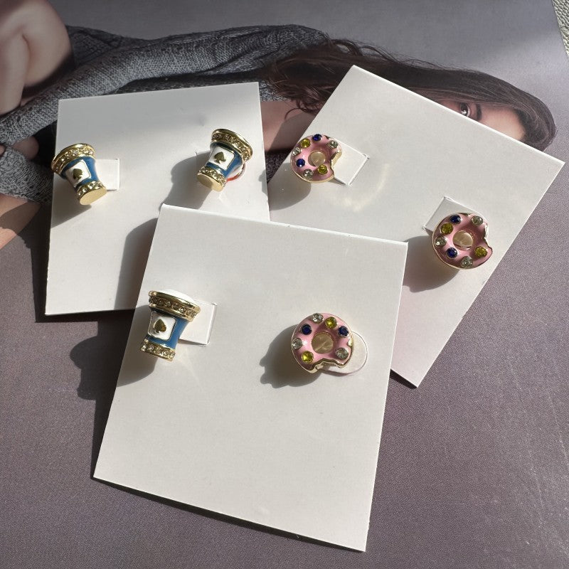 24K Solid Gold Plated Diamond Earrings With Enamel Ice Cream Donuts Pendant