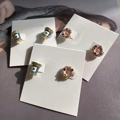 24K Solid Gold Plated Diamond Earrings With Enamel Ice Cream Donuts Pendant