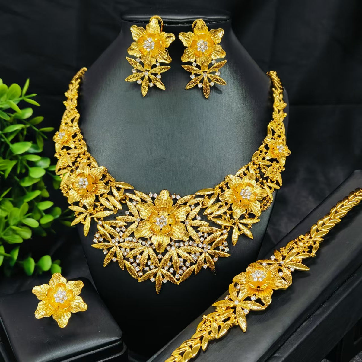 Vintage Jewelry Set 24k Gold Plated Necklace Diamond Bracelet Earrings Set