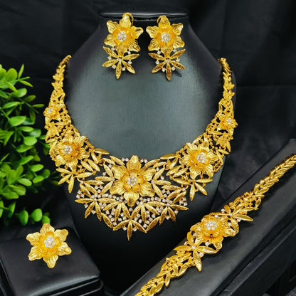 Vintage Jewelry Set 24k Gold Plated Necklace Diamond Bracelet Earrings Set
