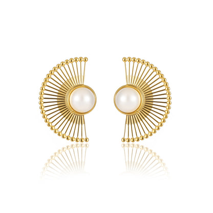 18k Gold Plated Scalloped Pearl Stainless Steel Earrings