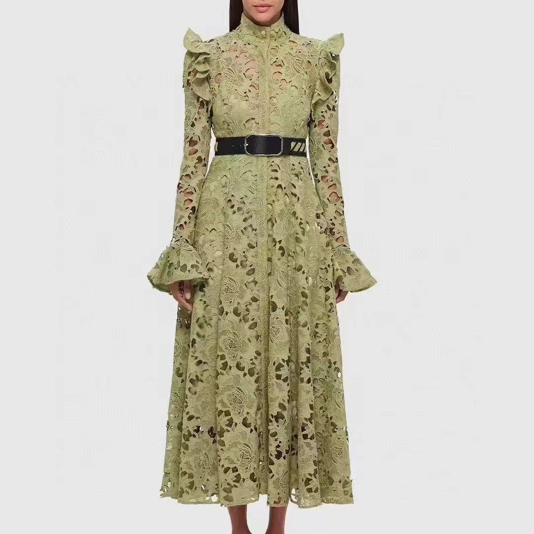 Floral Embroidered Crochet Stand Collar Midi Dresses