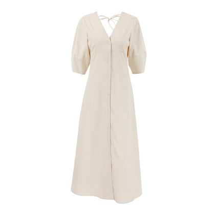 Backless Work It Bubble Sleeve Linen Midi Dresses