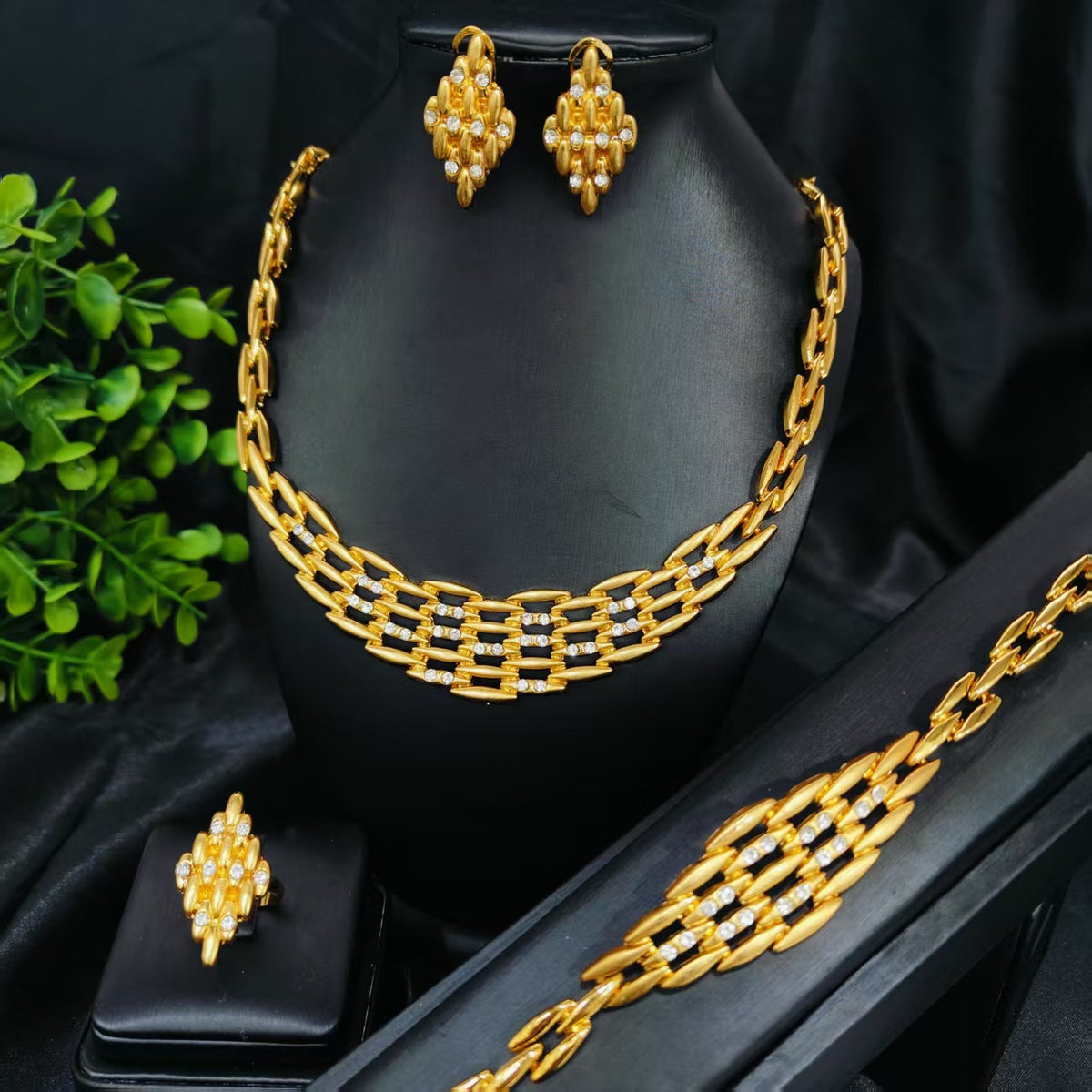 Vintage Jewelry Set 24k Gold Plated Necklace Diamond Bracelet Earrings Set