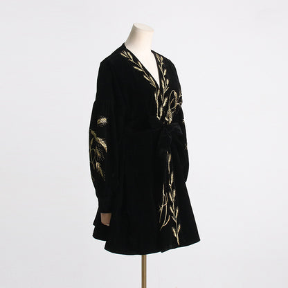 Velvet Wheat Embroidery Mini Dresses