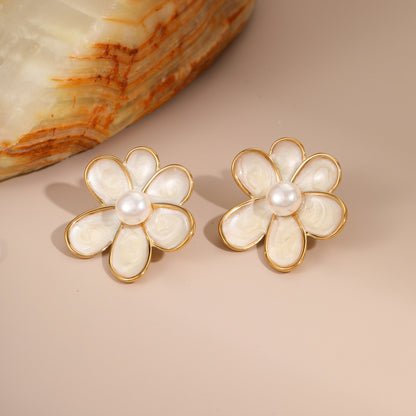 18k Gold Plated Flowers Pearl Earrings Gorgeous Titanum Steel Jewelry