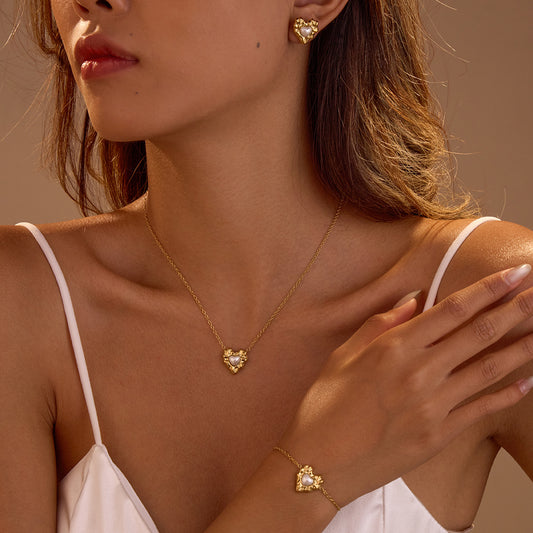 18k Gold Plated Necklace Bracelet Irregular Heart Pearl Earrings Gorgeous Jewelry Set