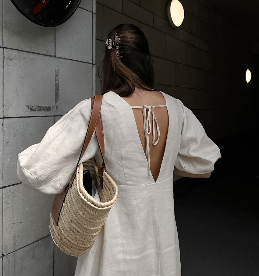 Backless Work It Bubble Sleeve Linen Midi Dresses