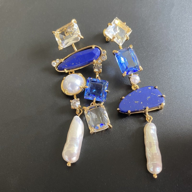 24K Solid Gold Plated Asymmetric Earrings With Lapis Lazuli Baroque Pearls