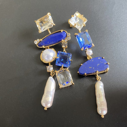 24K Solid Gold Plated Asymmetric Earrings With Lapis Lazuli Baroque Pearls