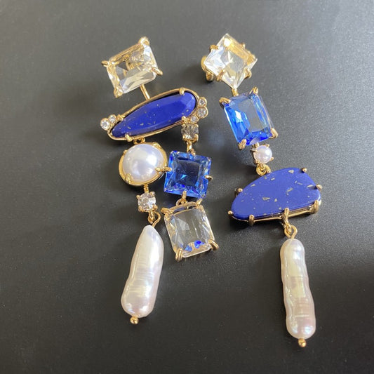 24K Solid Gold Plated Asymmetric Earrings With Lapis Lazuli Baroque Pearls