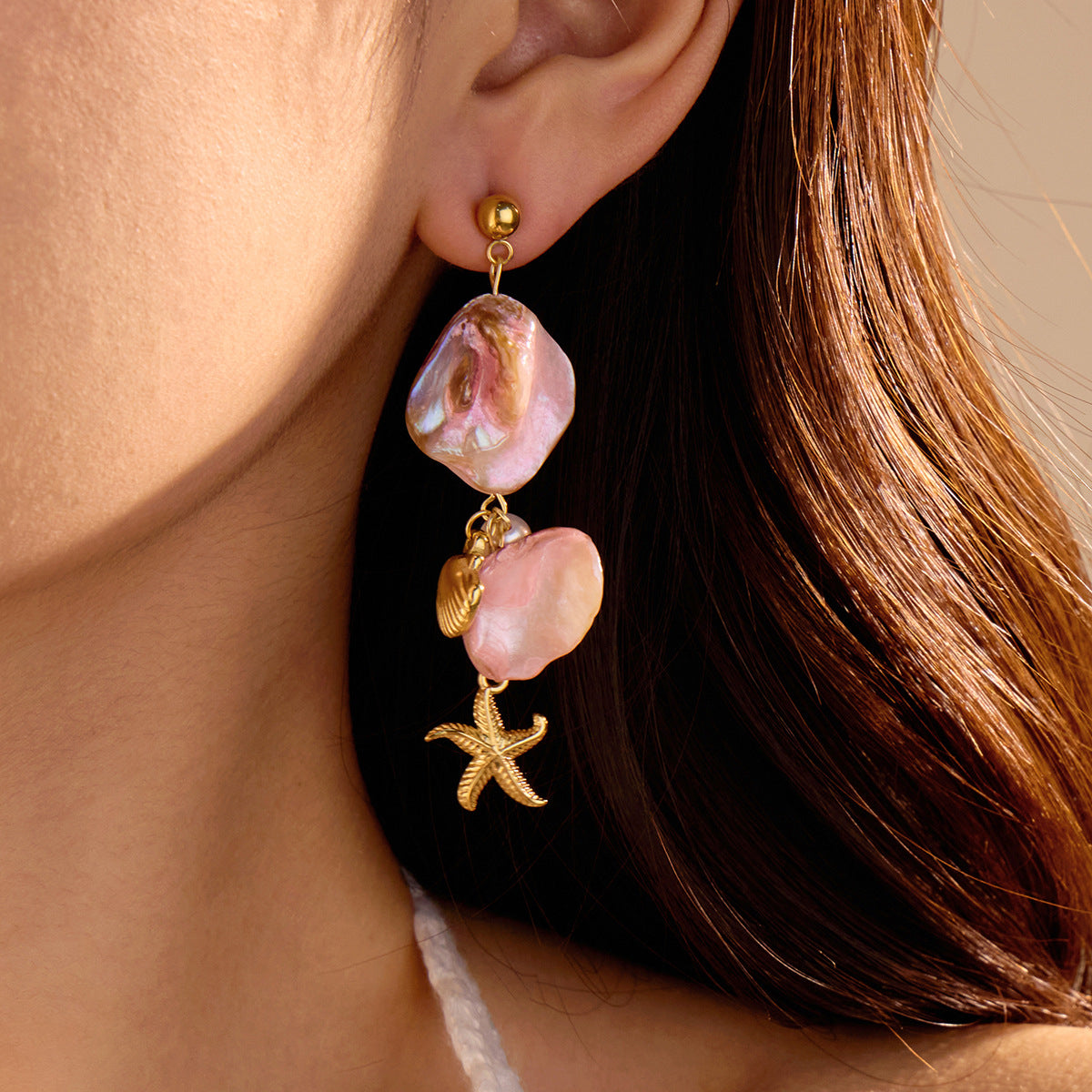 18k Gold Plated Starfish Drop Earrings Pink Shell Gorgeous Jewelry