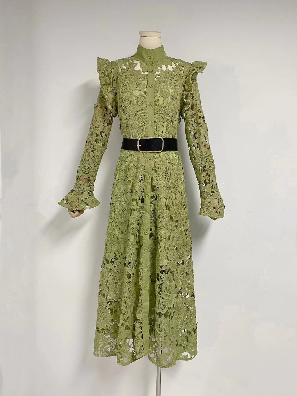 Floral Embroidered Crochet Stand Collar Midi Dresses