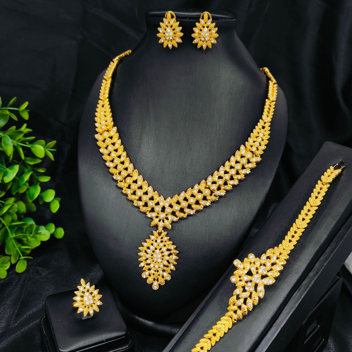 Vintage Jewelry Set 24k Gold Plated Necklace Diamond Bracelet Earrings Set