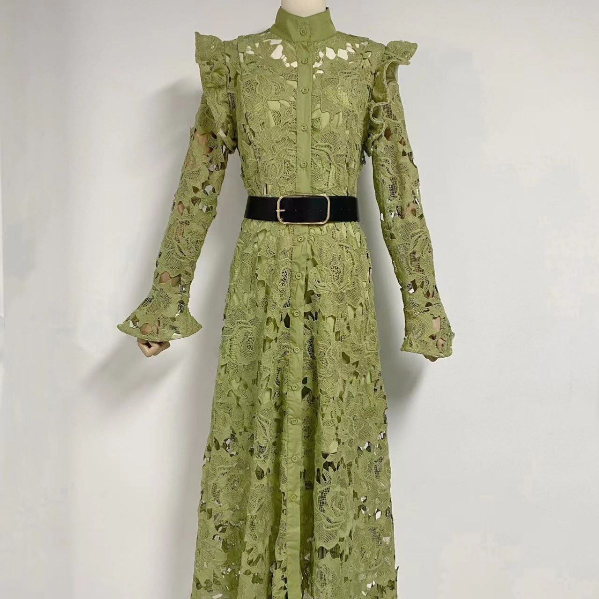 Floral Embroidered Crochet Stand Collar Midi Dresses