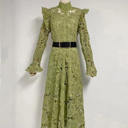 Floral Embroidered Crochet Stand Collar Midi Dresses