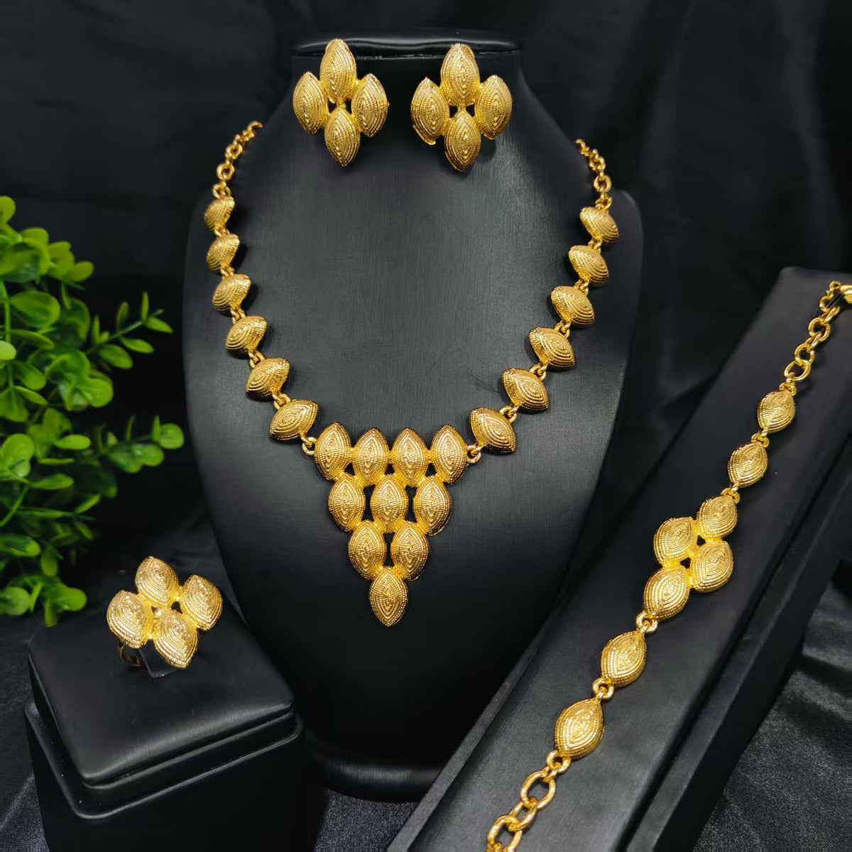 Vintage Jewelry Set 24k Gold Plated Necklace Diamond Bracelet Earrings Set