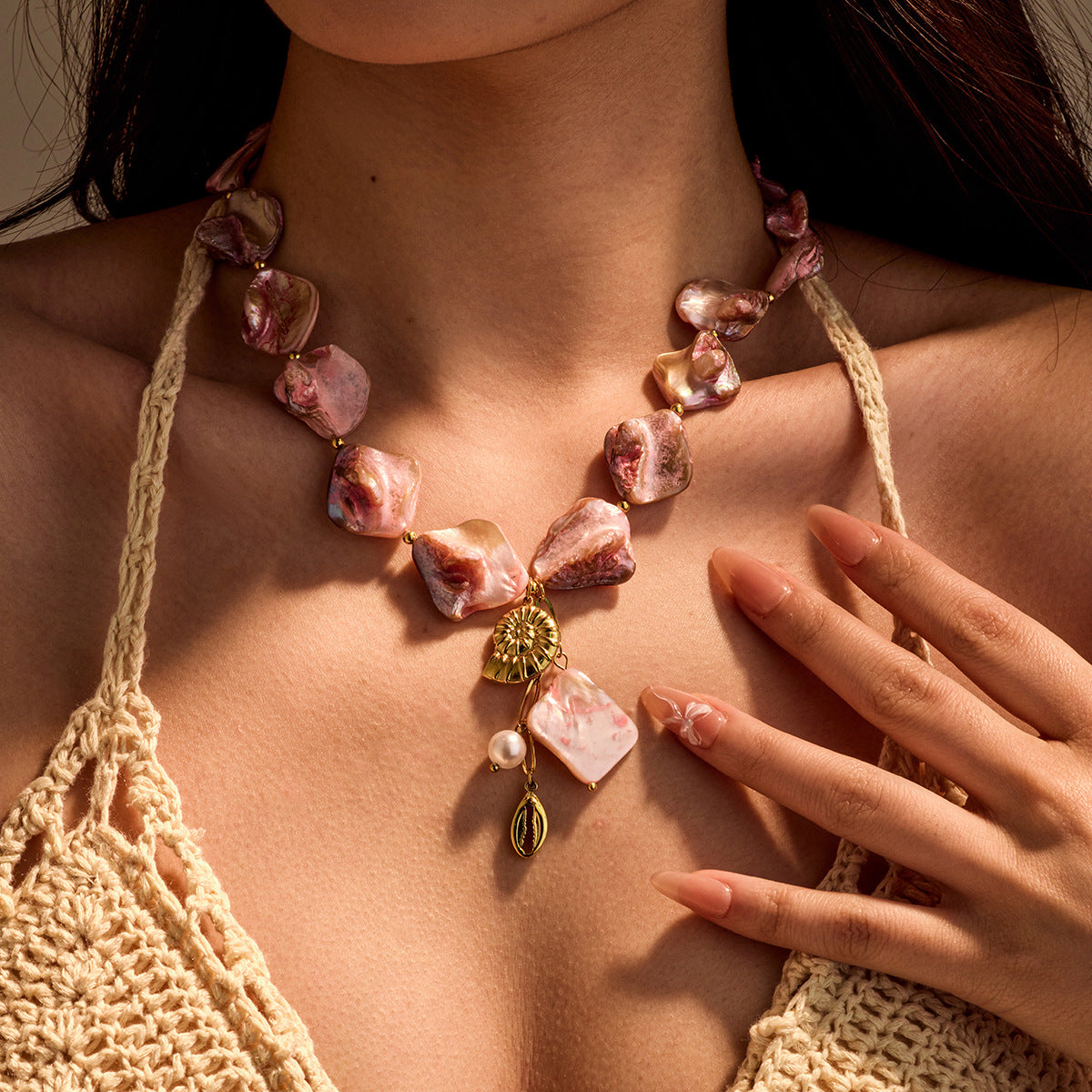 Pink Seashell Beaded Conch Pearl Pendant